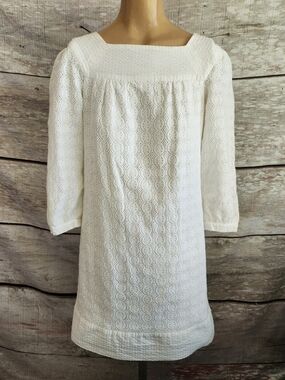 Thread Social White Textured Lace Shift Dress with Square Neck